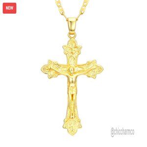 14K Gold Crucifix Necklace, Jesus Cross Pendant, Religious Jewelry for Men Women